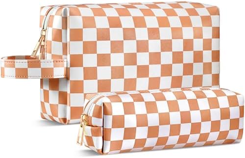 2Pcs Makeup Bag for Women, Large Checkered Cosmetic Bags with Small Makeup Brushes Bag Set, Cute Leather Make Up Orgnizer with Zipper, Travel Skincare Toiletry Storage Bag for Teens Girls Gifts(Brown)