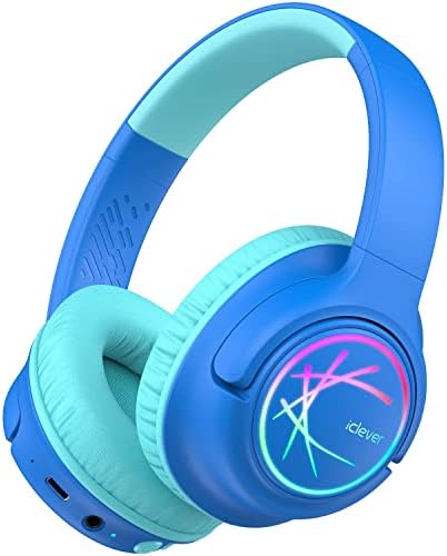 iClever Kids Bluetooth Headphones with LED Lights, 43H Playtime, Type-C Fast Charging, BTH18 Safe Volume 74/85dBA, Bluetooth5.3 Kids Headphones Wireless Aux Cord for iPad/Tablet/Travel/School, Blue