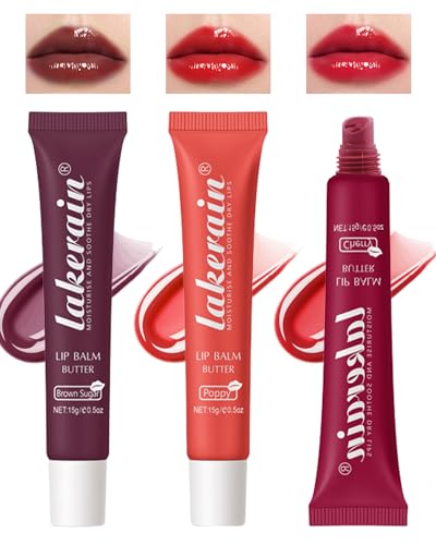 Tinted Lip Butter Balm-3 Colors Vanilla Beige Brown Poppy Pink Sugar Lip Gloss,Yummy Lip Stain Long Lasting, Hydrating Non-Stick Glow Reviver Lip Care Oil,Valentine's Day Makeup Gift for Women-Set B