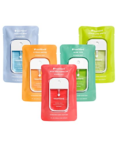 Touchland Power Mist Hydrating Hand Sanitizer Spray, FRESH 5-Pack (Mint, Citrus, Lemon Lime, Aloe, Watermelon), 500-Sprays each, 1Fl Oz Travel Size (Set of 5)