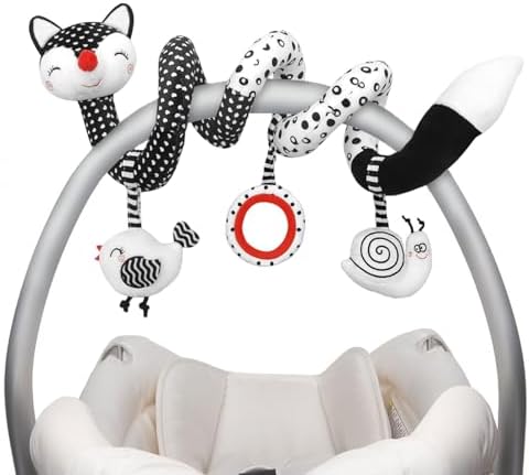 Euyecety Baby Spiral Plush Toys, Black White Stroller Toy Stretch & Spiral Activity Toy Car Seat Toys, Hanging Rattle Toys for Crib Mobile, Newborn Sensory Toy Best Gift for 0 3 6 9 12 Months Baby-Fox