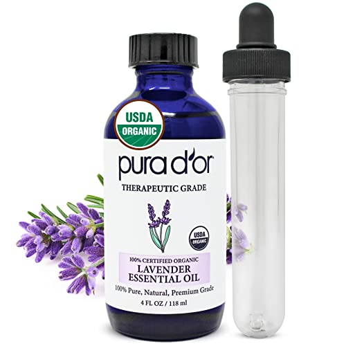 PURA D'OR Organic Lavender Essential Oil (4oz with Glass Dropper) 100% Pure & Natural Therapeutic Grade for Hair, Body, Skin, Aromatherapy Diffuser, Relaxation, Meditation, Massage, Home, DIY Soap