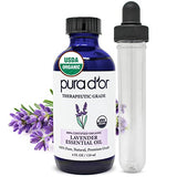 PURA D'OR Organic Lavender Essential Oil (4oz with Glass Dropper) 100% Pure & Natural Therapeutic Grade for Hair, Body, Skin, Aromatherapy Diffuser, Relaxation, Meditation, Massage, Home, DIY Soap
