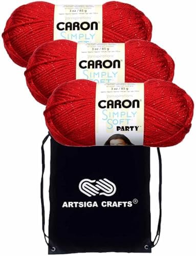 Caron Simply Soft Party Rich Red Sparkle H97PAR-15 (3-Skeins - Same Dye Lot) Worsted Medium #4 Acrylic Yarn for Crocheting and Knitting with Knitting Project Bag