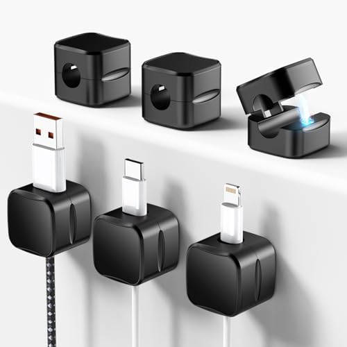 6 Pack Magnetic Cord Organizer, Znben Magnetic Cable Clips Holder Adhesive Cable Management Charger Wire Holder Clips for Desk, Car, Office, Home, Cubicle, Nightstand - Black