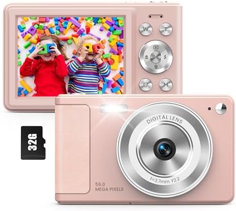 WONNIE Digital Camera 56MP, FHD 1080P Point & Shoot Camera with 32GB SD Card, 2 Batteries, and Lanyard, Ideal for Kids & Teens, Suitable Gift for Girls