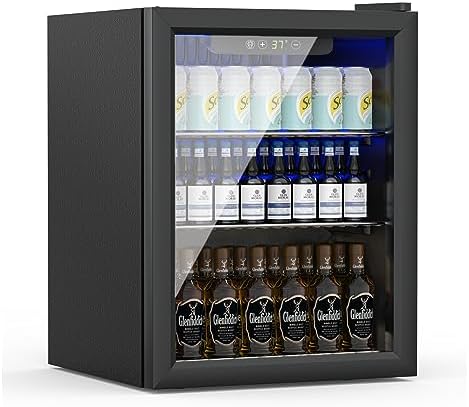 Compact Beverage Refrigerator,70 Can/1.6 Cubic Feet Fridge with Glass Front Door for Soda, Beer or Wine, Under Counter Small Refrigerator with Adjustable Shelve & Digital Display