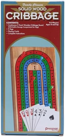 Family Classics Cribbage - Solid Wood Continuous 3 Track Board with Built-In Storage Compartment for Pegs