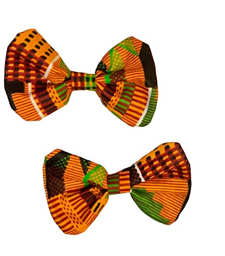 African Kente Cloth Hair Bows, Vibrant Colors, Orange, Green, Red, White, Black