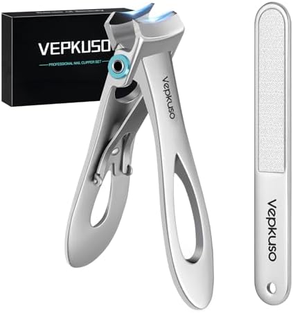 Nail Clippers for Seniors, Wide Jaw Fingernail Clippers and Angled Head Toenail Clippers for Thick Nail, Stainless Steel Professional Nail Cutter with File (Sliver Nail Clipper)