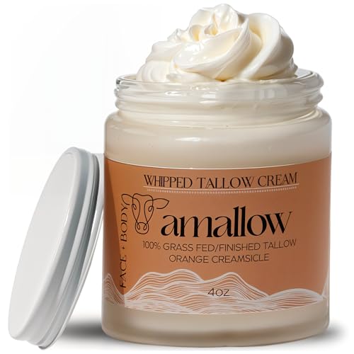 100% Grass Fed Beef Tallow for Skin Care - Face + Body - Whipped Moisturizer - Natural Lotion, 4 FL. oz. (Orange Creamsicle)