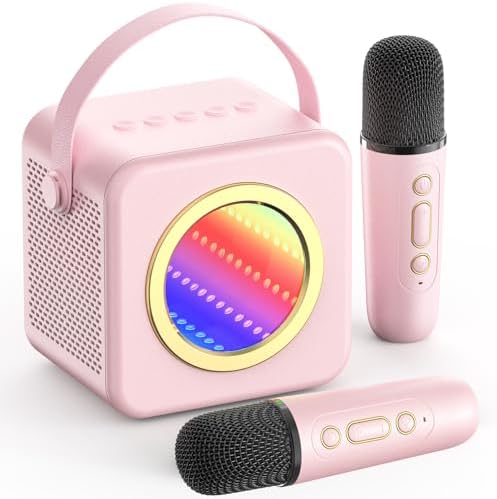 Mini Karaoke Machine for Adults Kids, Karaoke Wireless Microphones Colorful LED Light Gifts for Girls Boys 4 5 6 7 8 9 10 11 12+ Years Old (Pink)