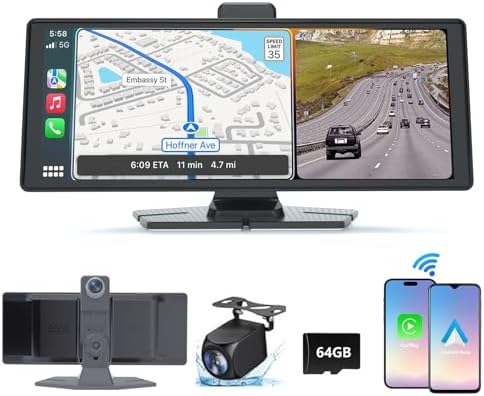 10.26" HD Carplay Screen for Car, Portable Wireless Apple Android Auto Car Play Stereo with Voice Control, 4K Dashcam, 1080P Backup Camera, Mirror Link, Bluetooth GPS，Car Audio Receivers
