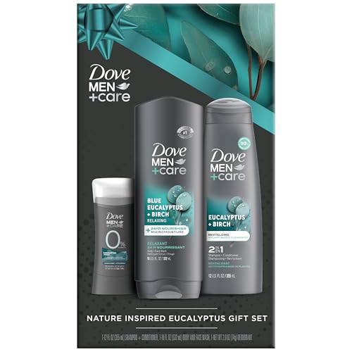 Dove Men + Care Bundle – Blue Eucalyptus + Birch Body + Face Wash, 2-in-1 Shampoo + Conditioner & 48H Aluminum-Free Deodorant (3 Piece Set)