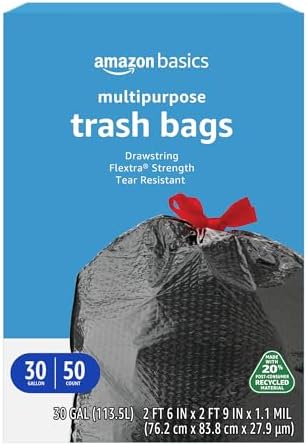 Amazon Basics Flextra Multipurpose Drawstring Trash Bags, 20% Post Consumer Recycled Content, 30 Gallon, 50 Count, Pack of 1