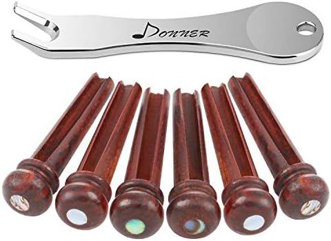 Donner Acoustic Guitar Bridge Pins, 6 PCS Wooden Guitar Bridge Pins Inlaid 3mm Abalone Dot with Guitar Pins Puller and Sandpaper (Brown Cocobolo)