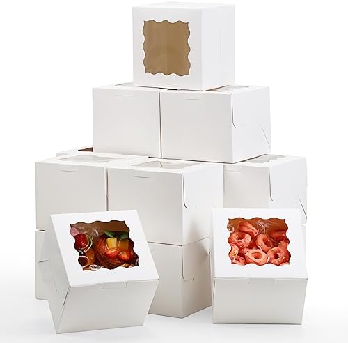 Moretoes 15pcs Bakery Boxes, 6x6x5in Small Bento Cake Box Cookie Boxes with Window, White Cupcake Boxes Treat Boxes for Dessert Pastries, Valentine's Day, Mother's Day