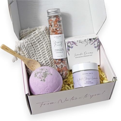 Natural Amor Lavender Spa Gifts for Women, 5pcs Handmade Spa Gift Box for Women, Birthday Gift for Women, Self Care Gift, Thank you Gift for Mother Day
