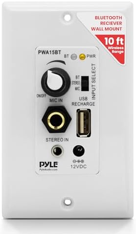 Pyle Wireless BT Receiver Wall Mount - 100W In-Wall Audio Control Receiver w/ Built-in Amplifier, USB/Microphone/Aux (3.5mm) Inputs, Speaker Terminal Block, Connect 2 Speakers, White - Pyle PWA15BT