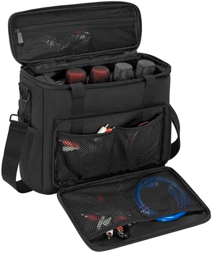 4 Slots Wireless Microphone Case with Foam,Microphone Carry Travel Bag with Shoulder Strap