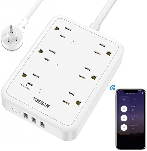 Smart Power Strip, TESSAN WiFi Flat Plug Strip with 3 Smart Outlets and 3 USB Ports, 6 Feet Extension Cord Surge Protector, Only 2.4 GHz Wi-Fi, Compatible with Alexa and Google Home, White