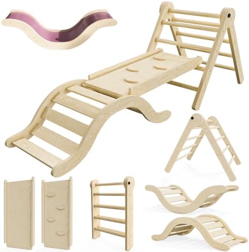 Pikler Triangle Set Climber 5 in 1, Toddler Climbing Toys Indoor Folding with Ramp & Arch & Mat for Montessori Play Gym for Toddlers and Kids (Natural)(99" Wx21 Dx23 H)