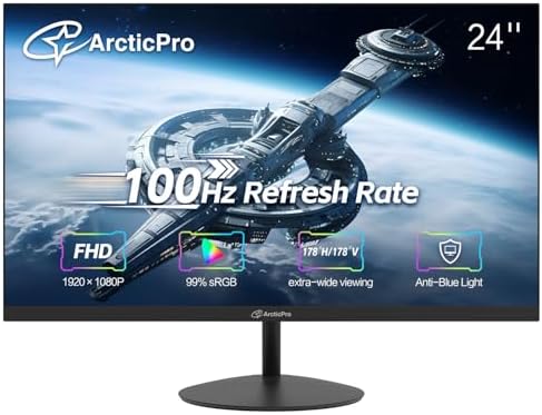 24inch Computer Monitor, FHD 1080p, 100Hz Office and Gaming Monitor, 4ms Response Time, 3-Sided Frameless, Ultra Slim, VESA Mountable, Anti-Blue Light Design, HDMI, VGA,