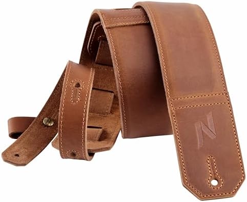 Nefelibata Guitar Strap, 2.3-inch Wide Full Grain Leather Guitar Straps with Soft Padding for Bass, Electric and Acoustic Guitars (Bright Brown)
