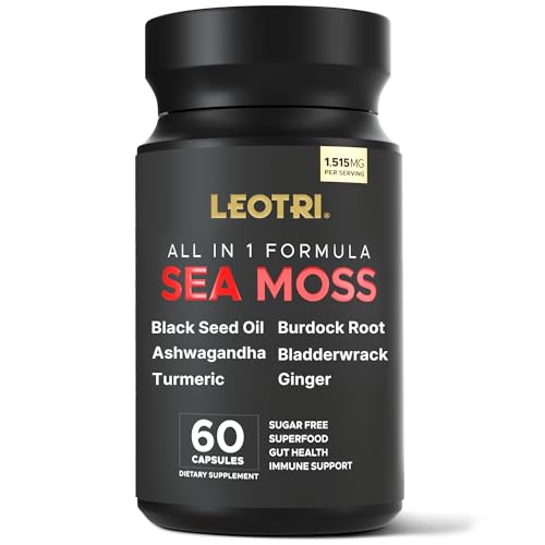 LEOTRI Organic Sea Moss Capsules: Sea Moss 10500mg Black Seed Oil 6000mg Turmeric 3000mg Ashwagandha 3000mg Bladderwrack 3000mg Burdock Root 3000mg Ginger for Skin Gut Health Superfood 60 Capsules