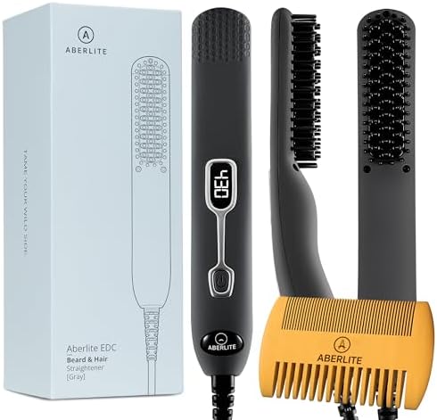 Aberlite EDC - Premium Beard Straightener Brush - Professional Heated Straightening Comb and Grooming Kit for Men (Gray)