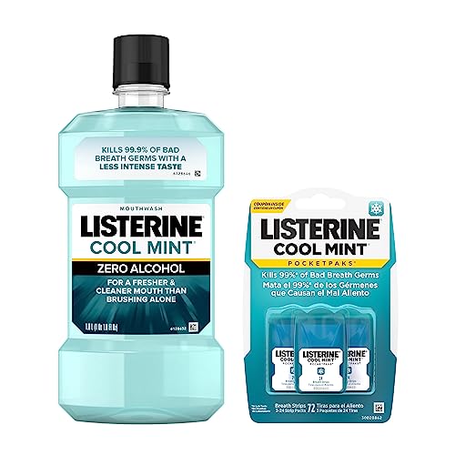 Cool Mint Alcohol Free Mouthwash & Cool Mint PocketPaks Portable Breath Strips, Kill 99% of Bad Breath Germs* at Home or On-The-Go, Convenience Pack, 1 L x 3 24-Packs