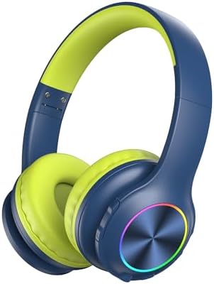 2024 Bluetcooth Kids Headphones Fit for Aged 3-21, Colorful LED Lights Comfort Wireless Headphones with Microphone 94dB Volume Limited for School/iPad/PC/TV/Cellphones, Wired, Blue and Green