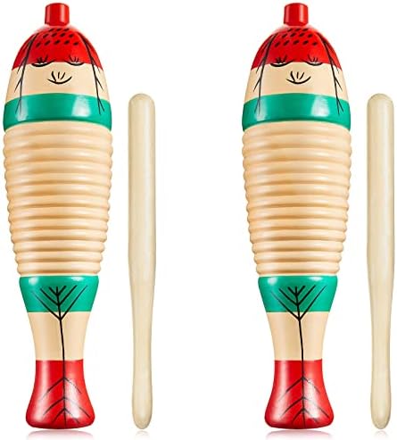 2 Pieces Colorful Fish Shaped Guiro Instrument Latin Percussion Musical Wooden Frog Instrument Musical Percussion for Adults Kids with Rhythm Sticks