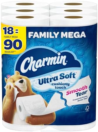 Charmin Toilet Paper Ultra Soft Cushiony Touch, 18 Family Mega Rolls = 90 Regular Rolls