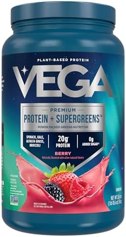 Vega Protein and Greens Protein Powder, Berry - 20g Plant Based Protein Plus Veggies, Vegan, Non GMO, Pea Protein for Women and Men, 1.7 lbs (Packaging May Vary)