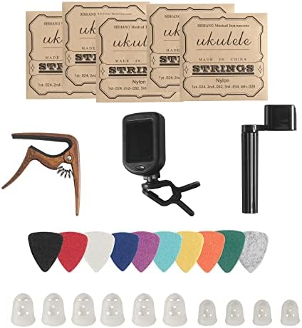 Ukulele Strings Accessories Kit, Nylon Ukulele Strings Set, Tuner, Felt Picks, Capo, Finger Protectors,String Winder for Soprano Concert Tenor Ukulele (28PCS, Walnut color)