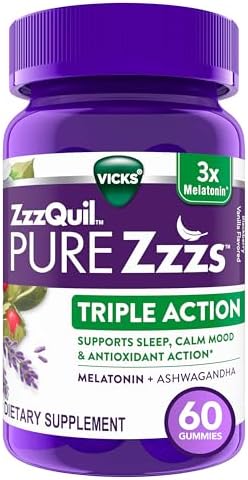 ZzzQuil PURE Zzzs Triple Action, Melatonin Gummies, Melatonin 6mg, 3X Melatonin, Sleep Aid with Ashwagandha, Calm Mood, Antioxidant Action, Sleep Aids for Adults, 60 Sleep Gummies