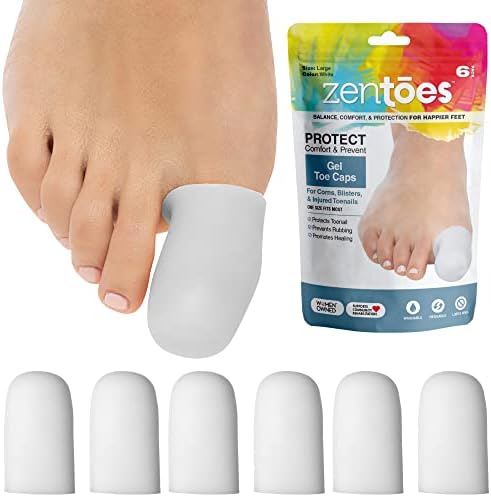 ZenToes 6 Pack Gel Toe Cap and Protector - Cushions and Protects to Provide Relief from Missing or Ingrown Toenails, Corns, Blisters, Hammer Toes (Large, White)