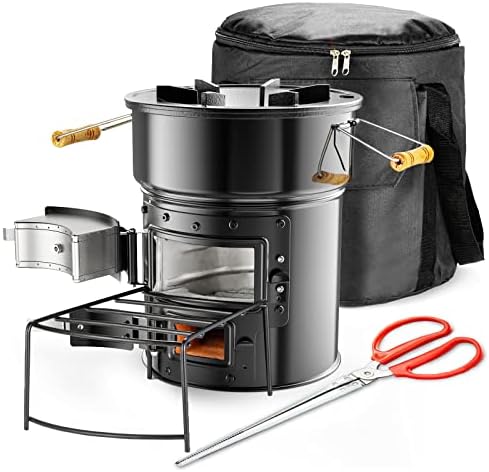 Rocket Stove, Portable Outdoor Wood Burning Stove with Handle/Shelf/Tongs/Carry Bag, Camping Stove for Backpacking, Outdoor Cooking, BBQ, RV, Bushcraft, Heating and Outer Survival