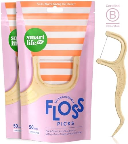 SmartLifeco Biodegradable Dental Floss Picks - Plant Based Tooth Flosser for Adults & Kids | Eco-Friendly Unwaxed Floss | Toothpick Stick Soft On Gum & Teeth | Compostable, Vegan, Unflavored 100ct