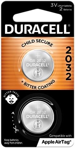 Duracell 2032 Lithium Battery. 2 Count Pack. Child Safety Features. Compatible with Apple AirTag, Key Fob, and other devices. CR2032 Lithium 3V Cell. 2032 Battery, Lithium Coin Battery