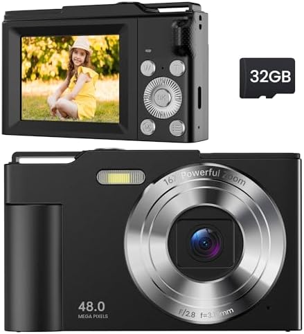 Digital Camera for Kids: FHD 1080P Camera - Video Cameras for Teens - 16X Zoom Shoot Camera for Girls and Boys - Compact Camera with 32GB TF Card for Photography - Mini Camera for Vlogging Black