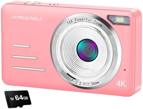 Digital Camera 64MP High Resolution,4K Camera Digital with 16X Zoom Large 2.8'' Screen This Camera Comes with 64GB Micro SD Card,1500mAh Big Battery for Kids Boys and Girls (Pink)