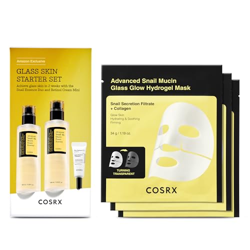 COSRX Glass Skin Starter Set + Hydrogel Mask 3EA- Snail 96% Essence Duo and Glass Glow Hydrogel Collagen Face Mask, Travel Essentials, Stocking Stuffers, Korean Skin Care