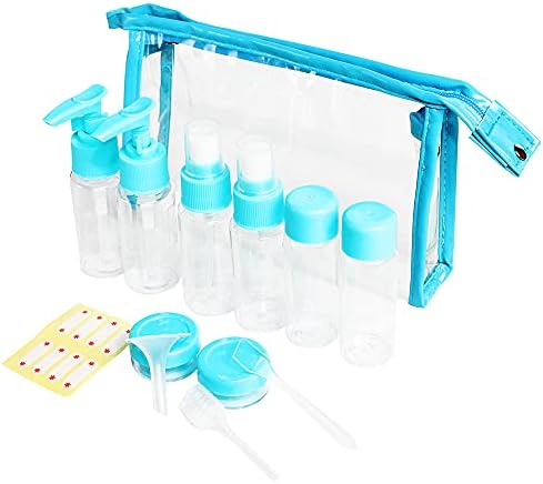 Travel Bottles Kit, TSA Approved Leak Proof Portable Toiletry Containers Set, Clear flight size PET Cosmetic Containers for Lotion, Shampoo, Cream, Soap, Set of 11 (Blue+Plastic)