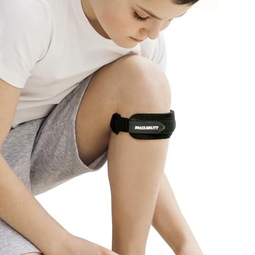 BraceAbility Kids Knee Band - Youth Patellar Tendon Support Strap Child Osgood Schlatter Brace for Jumpers Knee, Patella Tendonitis, Sports Wrap for Running, Soccer, Volleyball, Basketball (M)