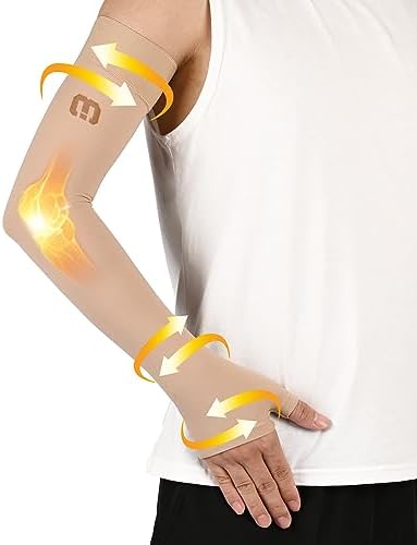MGANG Lymphedema Compression Arm Sleeve with Gauntlet for Women Men, Opaque, 20-30 mmHg Medical Graduated Compression Full Arm Support, Thumb Lymph Edema Arm Sleeve, Pain Relief, Arthritis, Beige 3XL
