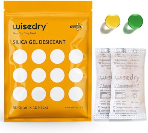 wisedry 50 Gram [10 Packs] Silica Gel Packets Microwave Fast Reactivate Desiccan Packs with Indicating Beads