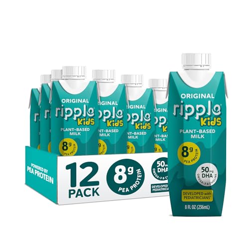 Ripple Kids Original Plant Based Milk | 8g of Quality Sourced Pea Protein, Calcium | Shelf Stable | Vegan & Non GMO Certified | Dairy, Soy, Nut, Gluten, & Lactose Free | 8 Fl Oz Cartons (Pack of 12)
