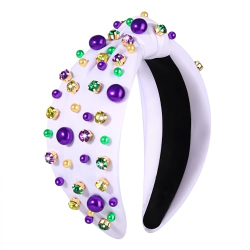 Women's Pearl Rhinestone Beads Jeweled Hairband - Wide Knotted Fashion Accessory for Mardi Gras Carnival Parade Party (white knot hairband B)